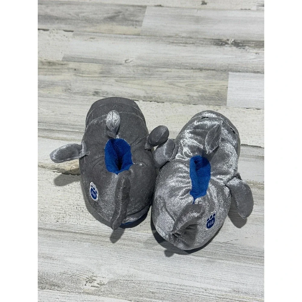 Build A Bear Shark Slippers Boys 11-12 Grey Metallic Plush Animal EUC